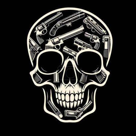 Téléchargez les photos : Croquis logo silhouette pour tatouage Crâne humain avec des armes à feu à l'intérieur. - en image libre de droit