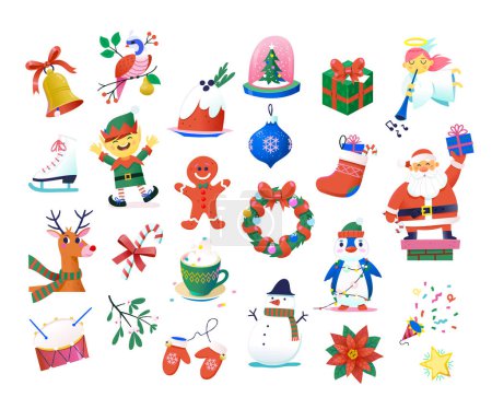 Illustration for Collection of images representing Christmas and winter season. Decorations, ornaments, foods and characters. Christmas icons and stickers to create holiday greeting cards, party invitation posters - Royalty Free Image