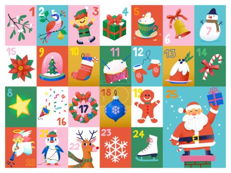 Illustration for Advent calendar. Collection of images with Christmas elements decorations ornaments foods and characters. Can be used as card or as separate elements. Vector illustration. Santa elf and deer - Royalty Free Image