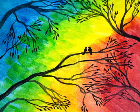 Téléchargez les photos : Peinture artistique deux oiseaux assis sur les branches noires, l'hiver des arbres. Image contient idée intéressante, évoque des émotions, plaisir esthétique. Toile tendue, carton, peintures naturelles à l'huile. Concept art - en image libre de droit