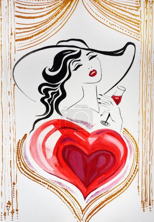 Photo for Drawing of bright brunette woman holding a glass of red wine. Big heart of love. Picture contains interesting idea, evokes emotions, aesthetic pleasure. Canvas stretched. Concept art painting texture - Royalty Free Image