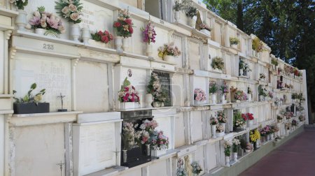 Photo for Alcoves in marble wall with plastic flowers at municipal cemetery in Andalusa - Royalty Free Image