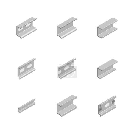 Illustration for Set of different types of DIN rail on a white background. 3D isometric style, vector illustration. - Royalty Free Image