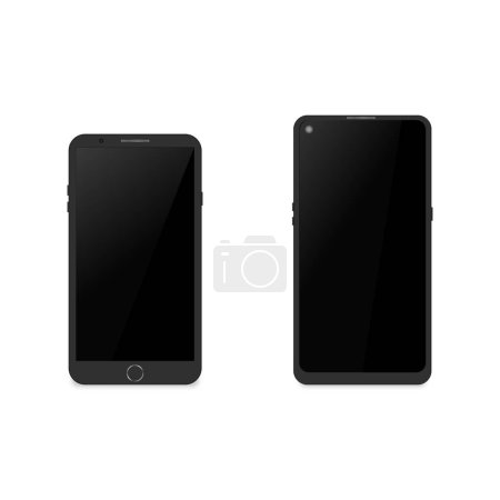 Ilustración de Smartphone negro aislado sobre un fondo blanco. Vista frontal, ilustración vectorial 3D. - Imagen libre de derechos