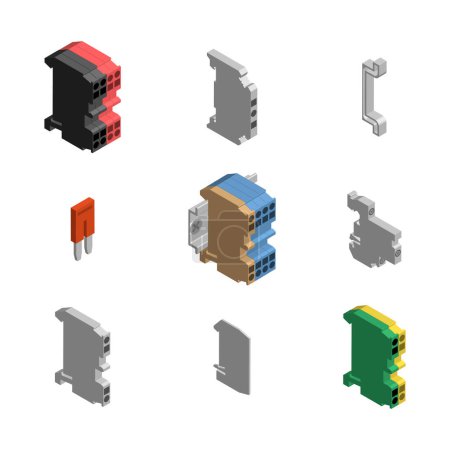 Illustration for Terminal blocks for connecting wires on a din rail with accessories. 3D isometric style, vector illustration. - Royalty Free Image