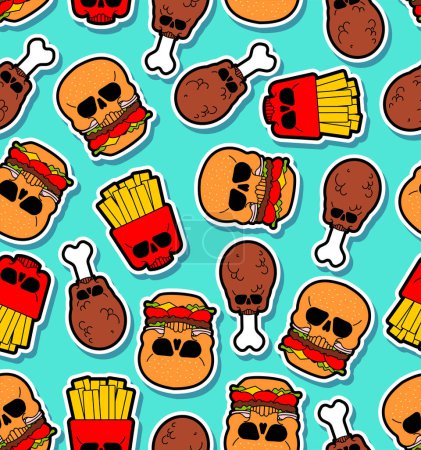 Illustration for Skull fast food pattern seamless. burger and fried chicken leg and French fries background. Harmful food texture. not healthy fastfood ornament - Royalty Free Image