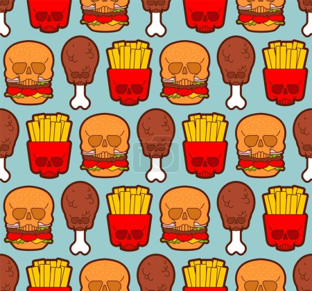 Illustration for Skull fast food pattern seamless. burger and fried chicken leg and French fries background. Harmful food texture. not healthy fastfood ornament - Royalty Free Image