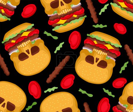 Illustration for Skull burger pattern seamless. Harmful food background. not healthy fast food texture - Royalty Free Image