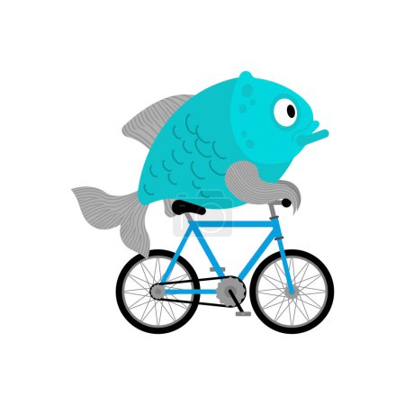 Pescado en bicicleta. Carpa en bicicleta Dibujos animados. Ilustración vectorial