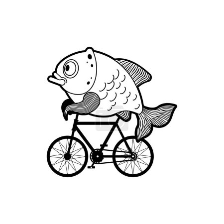 Pescado en bicicleta. Carpa en bicicleta Dibujos animados. Ilustración vectorial