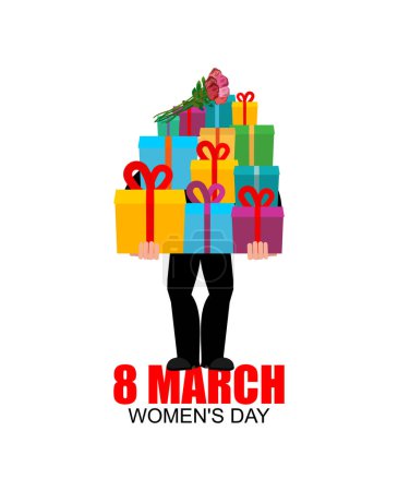 Ilustración de 8 de marzo, dar regalos. La postal del Día Internacional de la Mujer, la felicitación - Imagen libre de derechos