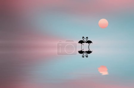 The stunning colors of the blue sea sunrise and flamingos in water