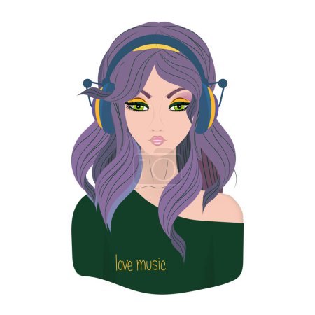 Téléchargez les illustrations : Illustration vectorielle d'une belle fille dans un casque écoute de la musique. - en licence libre de droit
