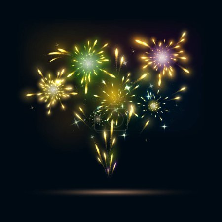 Illustration for Abstract bright glowing fireworks on the background of twilight. Festive background bursting in the sky, abstract vector illustration. - Royalty Free Image