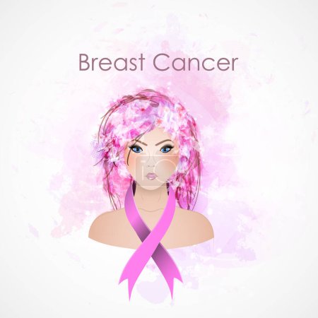 Ilustración de Vector hermosa chica con una cinta rosa. Mes de sensibilización sobre el cáncer de mama. - Imagen libre de derechos