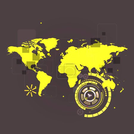 Ilustración de Ilustración vectorial del mapa del mundo silueta moderna con iconos. La pancarta muestra las conexiones sociales entre las personas. - Imagen libre de derechos