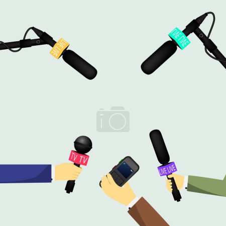 Illustration for Vector illustration of a concept live news, reports, interviews, voice recorders, microphones in the hands of journalists. Live news template. Press illustration. - Royalty Free Image