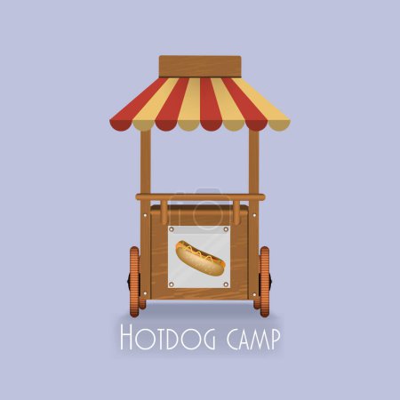 Téléchargez les illustrations : Magasin de hot-dogs avec ketchup et moutarde, bannière pour affiches, menus, brochures, sites Web et icônes de restauration rapide. - en licence libre de droit