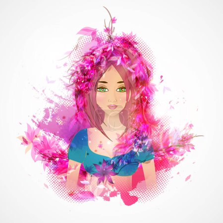 Téléchargez les illustrations : Illustration vectorielle d'une jeune belle fille avec une coiffure florale. - en licence libre de droit
