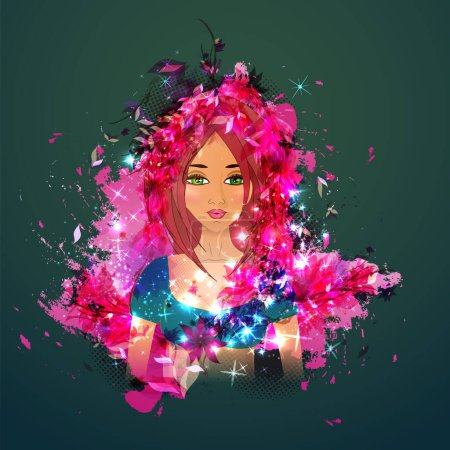 Téléchargez les illustrations : Illustration vectorielle d'une jeune belle fille avec une coiffure florale. - en licence libre de droit