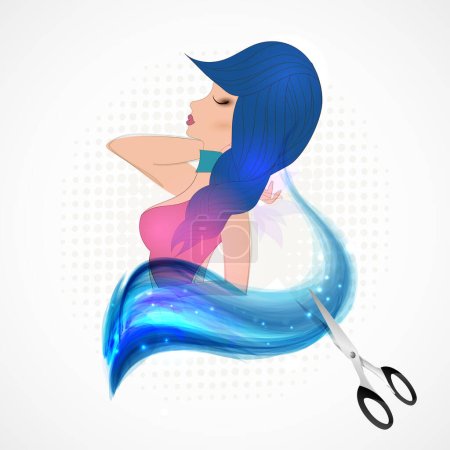 Illustration for Vector abstract hair styling, scissors cutting hair. The girl stands with her hair done. - Royalty Free Image