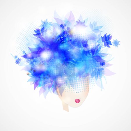 Téléchargez les illustrations : Vector illustration of a young beautiful girl with blue abstract hair. Bright make-up and magical image. - en licence libre de droit