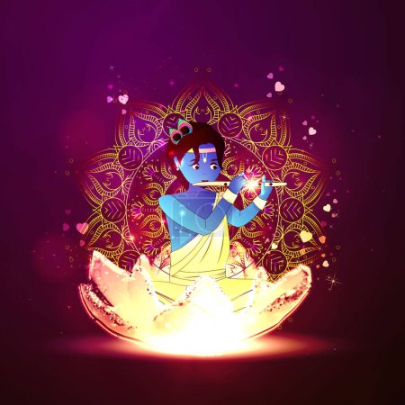 Illustration for Vector illustration of Lord Krishna playing the flute near Radha. Internal feminine energy. Religion of India. - Royalty Free Image