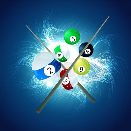 Illustration for Billiard background, sports theme balls, crossed billiard cues with ball - Royalty Free Image