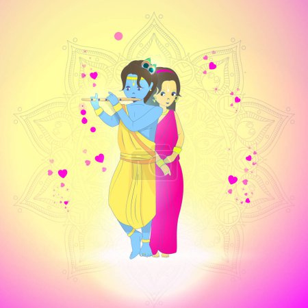 Illustration vectorielle du Seigneur Krishna jouant de la flûte près de Radha. Energie féminine interne. Religion de l'Inde