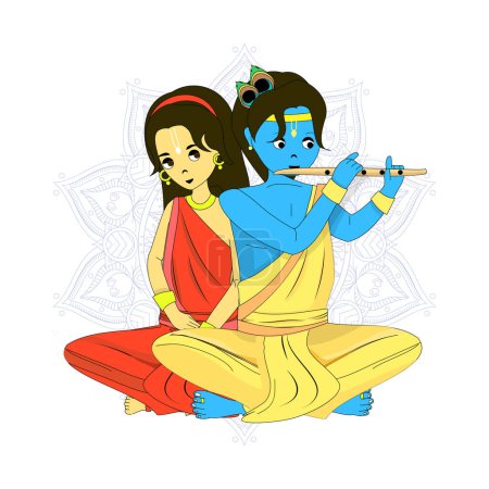 Ilustración de Ilustración vectorial del Señor Krishna tocando la flauta cerca de Radha. Energía femenina interna. Religión de la India. - Imagen libre de derechos