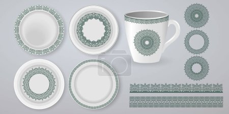 A porcelain plate with a traditional Asian-style pattern. drawing for background, plates, dishes, bowls, lids, tray, tray, vector illustration. 