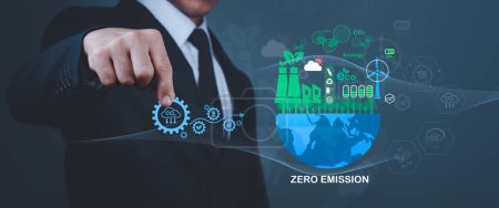Carbon neutrality on a net basis. The hand of pollution, effective management with netzero symbols - renewable energy,reduced CO2 emissions, green production, waste recycling - are the most important.