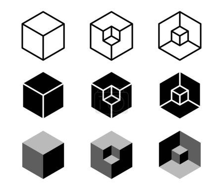 Cube isometrische Vektorsymbole gesetzt. 3D-Würfel Objekt geometrische Formen. Umrissenes isometrisches Würfelsymbol