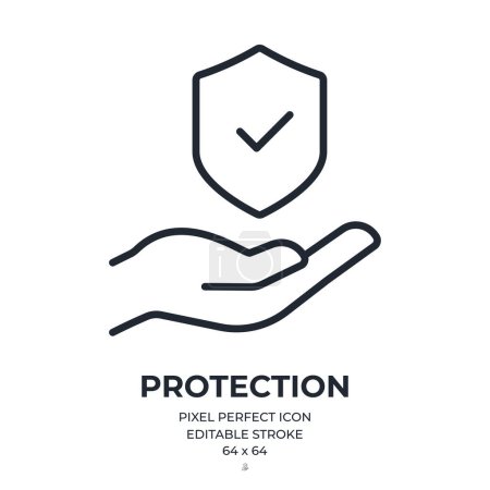Foto de Hand holding a shield with checkmark. Insurance and protection concept editable stroke outline icon isolated on white background flat vector illustration. Pixel perfect. 64 x 64. - Imagen libre de derechos