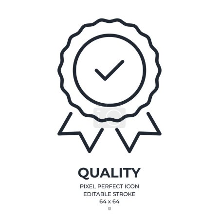 Téléchargez les illustrations : Quality badge editable stroke outline icon isolated on white background flat vector illustration. Pixel perfect. 64 x 64. - en licence libre de droit