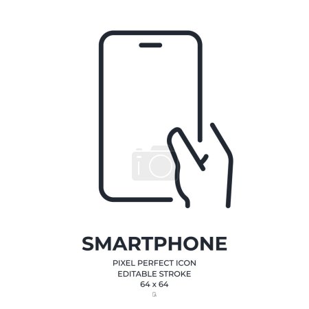 Foto de Hand holding smartphone editable stroke outline icon isolated on white background flat vector illustration. Pixel perfect. 64 x 64. - Imagen libre de derechos