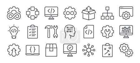 Illustration for DevOps methodology and software development concept editable stroke outline icons set isolated on white background flat vector illustration. Pixel perfect. 64 x 64. - Royalty Free Image