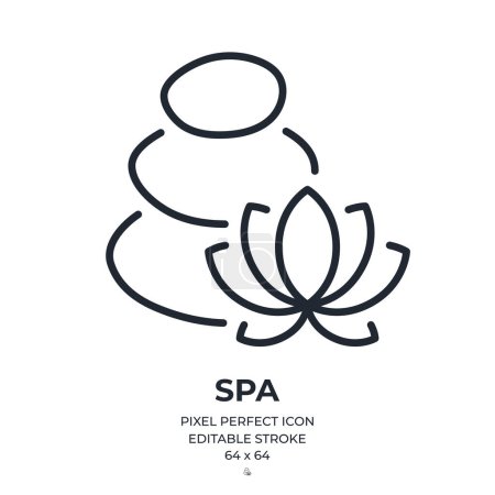 Foto de Spa and massage stones with lotus flower editable stroke outline icon isolated on white background flat vector illustration. Pixel perfect. 64 x 64. - Imagen libre de derechos