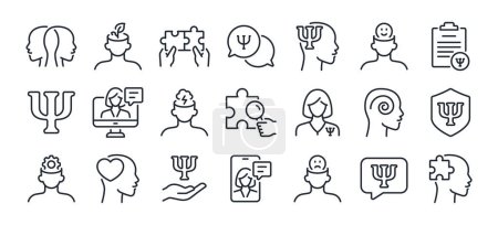 Téléchargez les illustrations : Psychology, emotions, and mental health related editable stroke outline icons set isolated on white background flat vector illustration. Pixel perfect. 64 x 64. - en licence libre de droit