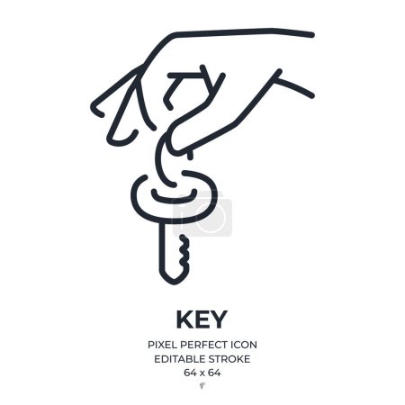 Illustration for Hand holding key editable stroke outline icon isolated on white background flat vector illustration. Pixel perfect. 64 x 64. - Royalty Free Image