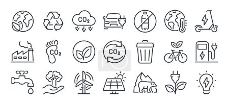 Téléchargez les illustrations : Empreinte carbone, neutre en CO2, zéro net, développement durable icônes de contour modifiables définies isolées sur fond blanc illustration vectorielle plate. Pixel parfait. 64 x 64. - en licence libre de droit