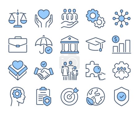 Illustration for Social policy concept blue editable stroke outline icons set isolated on white background flat vector illustration. Pixel perfect. 64 x 64. - Royalty Free Image