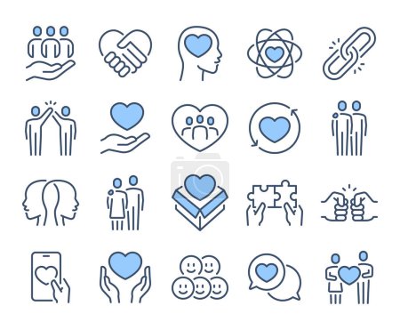 Love, friendship, care and charity concept blue editable stroke outline icons set isolated on white background flat vector illustration. Pixel perfect. 64 x 64.	