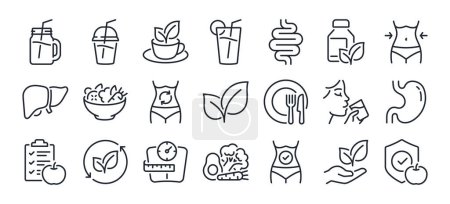 Illustration for Detox and cleanse related editable stroke outline icons set isolated on white background flat vector illustration. Pixel perfect. 64 x 64. - Royalty Free Image
