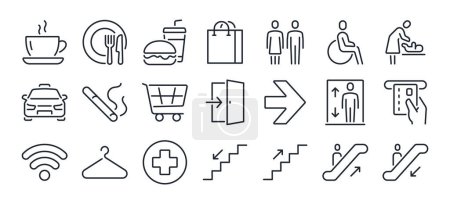 Toilette, Food Court, Fahrstuhl, Ausgang Tür und öffentliches Navigationskonzept editierbare Umrisse Symbole auf weißem Hintergrund flache Vektorillustration gesetzt. Pixel perfekt. 64 x 64.