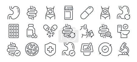 Illustration for Digestion, intestine, stomach, and probiotics editable stroke outline icons set isolated on white background flat vector illustration. Pixel perfect. 64 x 64. - Royalty Free Image