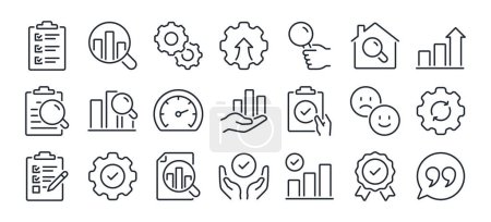 Evaluation and assess editable stroke outline icons set isolated on white background flat vector illustration. Pixel perfect. 64 x 64