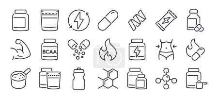 Sportergänzungsmittel und Fitness-Ernährung editierbare Schlaganfall-Umrisse-Symbole, isoliert auf weißem Hintergrund, flache Vektordarstellung. Pixel perfekt. 64 x 64