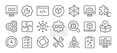DevOps development and operations concept editable stroke outline icons set isolated on white background flat vector illustration. Pixel perfect. 64 x 64