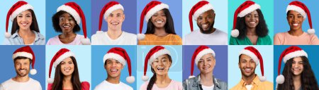 Photo for Cheerful beautiful multicultural men and women different ages having Christams party, wearing red Santa hats, collection of studio photos, blue backgrounds, collage, web-banner - Royalty Free Image